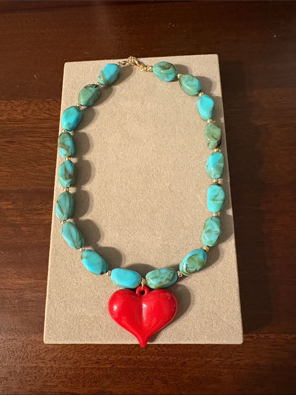 Turquoise Bead Necklace with Red Heart Pendant - Women's Jewelry